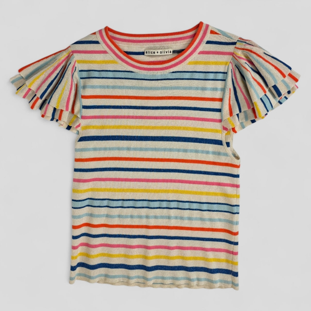Alice + Olivia Knit Top Multicolor Stripe Colorful Flutter Sleeve Size S